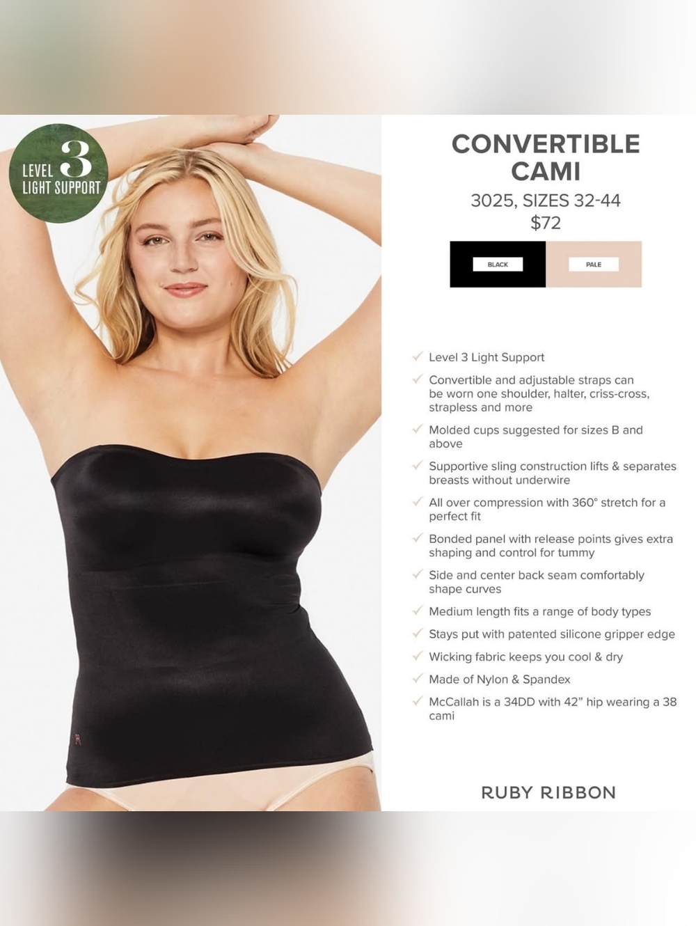 Ruby Ribbon PALE Convertible Strapless Shaping Cami Level 3